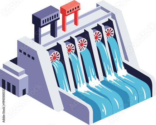 Isometric illustration of a large hydroelectric dam generating clean energy with water flowing through multiple turbine gates.
