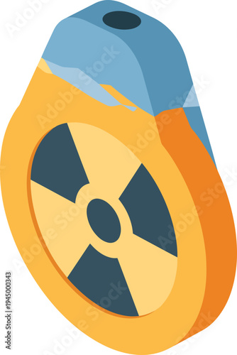 A 3D isometric illustration of a radiation symbol on a yellow and blue device, possibly a dosimeter or warning tag.