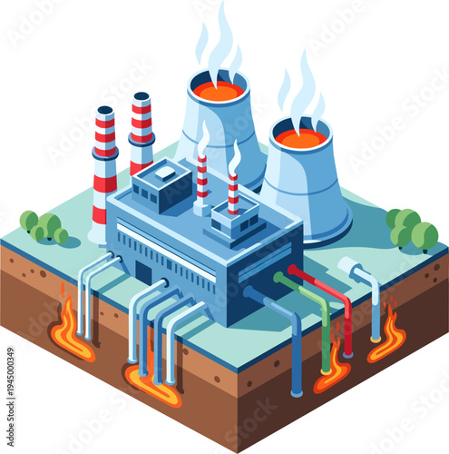 Isometric illustration of a geothermal power plant with cooling towers and pipes drawing heat from the earth.