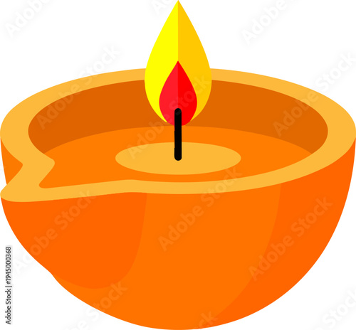 A simple cartoon illustration of a lit orange clay diya with a yellow and red flame.