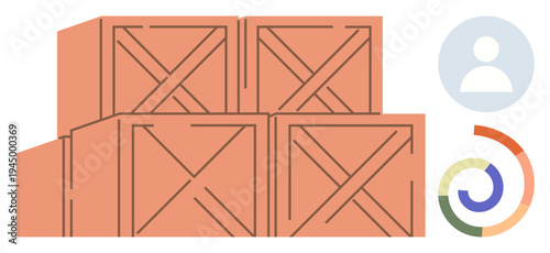 Logistics, data analysis, supply chain, business management, storage solutions, teamwork. Wooden crates stacked neatly beside user avatar and circular graph. Logistics and data analysis concepts