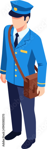 Isometric illustration of a mailman in a blue uniform carrying a messenger bag, representing postal service and delivery.