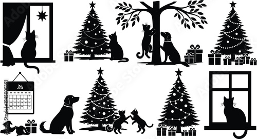 Christmas pets silhouette illustration, cats and dogs festive holiday scenes, decorated trees, presents, December calendar, cozy winter celebration artwork