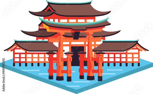 A traditional Japanese shrine with a red torii gate and pagoda-style buildings surrounded by water.