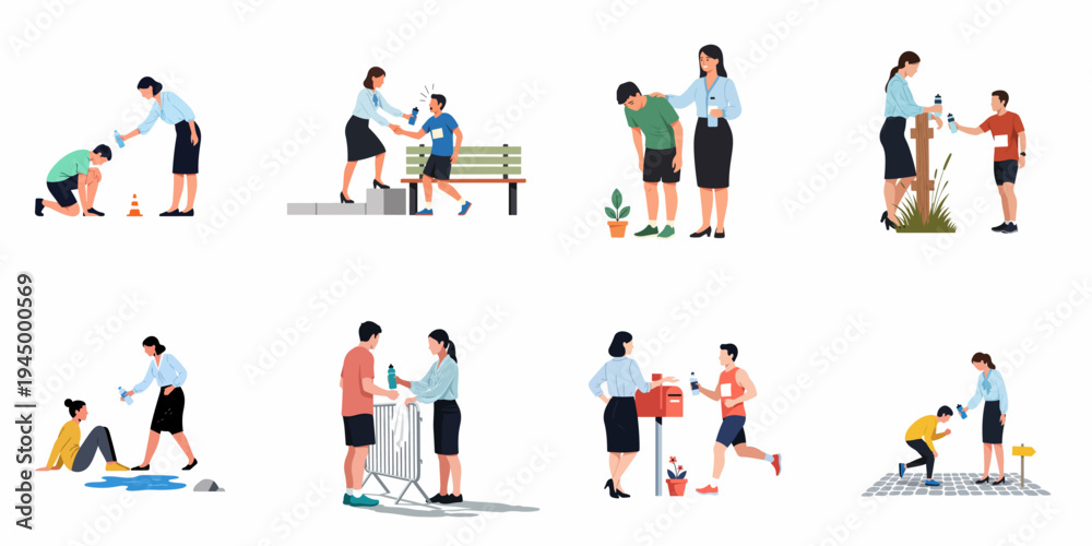 Fototapeta premium Collection of flat vector illustrations depicting a woman volunteer offering water and support to exhausted runners and athletes during a marathon or sports event.