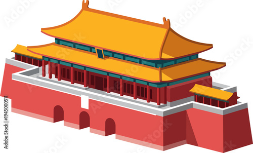 A detailed isometric illustration of a traditional Chinese imperial gate or palace building with red walls and a golden roof.