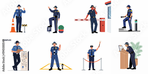 Vector illustrations of security guards in uniform performing various security and traffic control tasks, including patrolling, monitoring, and visitor registration.