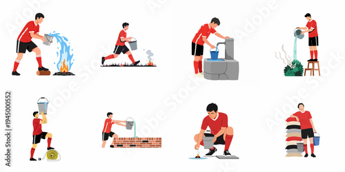 Set of flat vector illustrations featuring a soccer player in a red uniform performing various firefighting and emergency tasks with buckets of water.