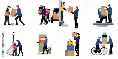 Various delivery service illustrations featuring couriers loading vans, riding bicycles, and delivering parcels to customers, ideal for logistics and e-commerce concepts.