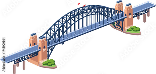 An isometric illustration of the Sydney Harbour Bridge, a steel arch bridge, with its distinctive blue steel structure and tan-colored pylons.