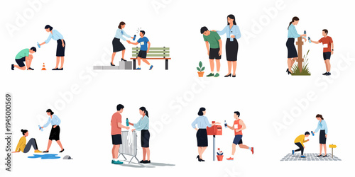 Collection of flat vector illustrations depicting a woman volunteer offering water and support to exhausted runners and athletes during a marathon or sports event.