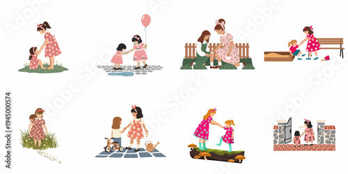Set of illustrations depicting girls showing kindness, support, and friendship by helping each other in various everyday outdoor scenarios and activities.