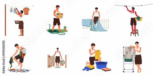 Illustration set of a young man performing various laundry tasks, such as hanging, carrying, and folding clothes in different outdoor and indoor settings.