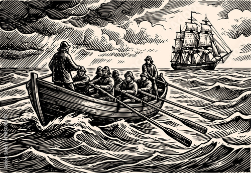 Vintage Etching Boat Drawing of a Crowded Rowboat in Rough Sea