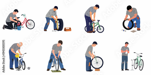 Set of illustrations featuring men repairing bicycle and car tires, performing maintenance tasks like patching, pumping, and cleaning in various scenes.