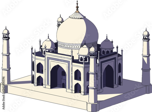 An isometric illustration of the Taj Mahal, a white marble mausoleum on the south bank of the Yamuna river in Agra, India.