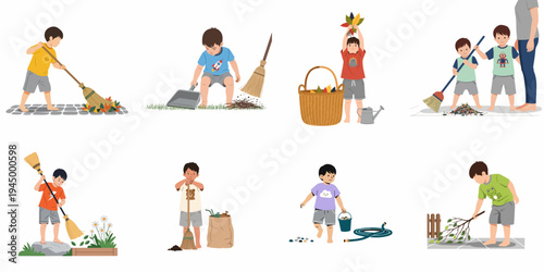 Set of flat vector illustrations showing young children helping with outdoor garden chores, sweeping leaves, and cleaning the yard together.
