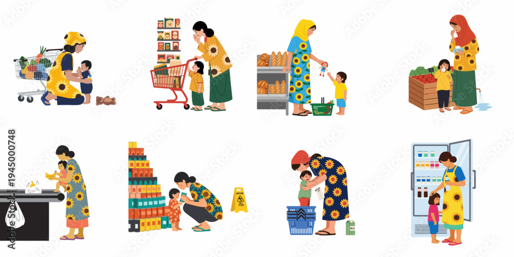 Fototapeta premium Flat illustration set of mothers and children shopping in a supermarket, showcasing various parenting challenges and daily life moments in a store.