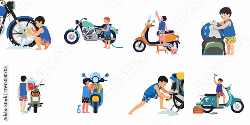Set of Illustrations Depicting a Young Boy Washing and Cleaning Different Motorcycles and Scooters
