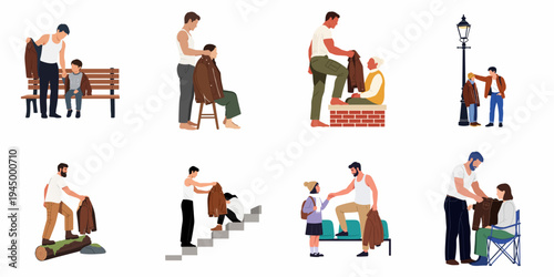 Collection of illustrations depicting men showing kindness by offering their jackets to others in need, including children, women, and the elderly.