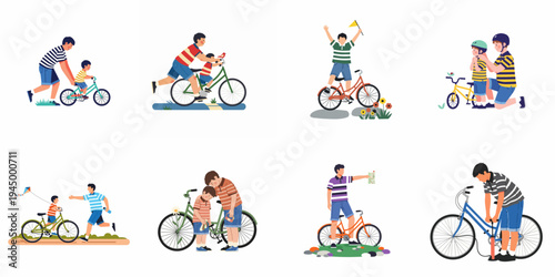 Set of flat vector illustrations depicting various scenes of a father teaching his son how to ride a bicycle and their shared outdoor bonding.