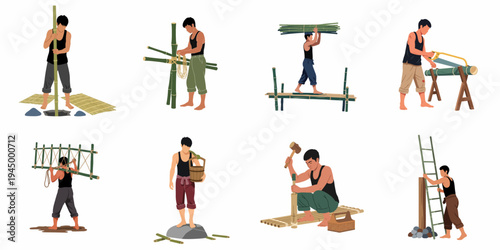 Set of vector illustrations featuring manual laborers working with bamboo, including sawing, carrying, and building various structures on a white background.