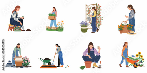 Flat vector illustration set of women characters gardening, planting flowers, watering, and using garden tools for outdoor spring and summer activities.