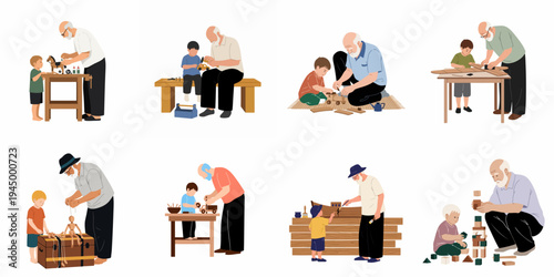 Collection of flat illustrations showing a grandfather and grandson bonding through woodworking, crafting toys, and building wooden projects together.