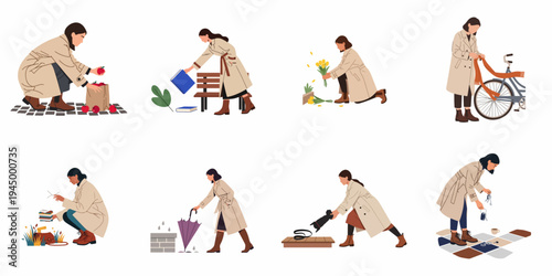 Flat vector illustration set of women in trench coats engaged in various daily autumn activities like picking apples and photography.