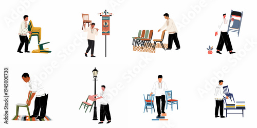 Illustration set of Filipino men in traditional Barong Tagalog shirts working together to move, stack, and arrange chairs for a community event.