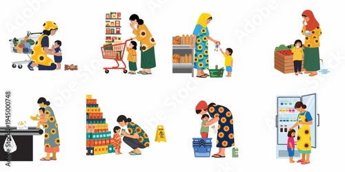 Flat illustration set of mothers and children shopping in a supermarket, showcasing various parenting challenges and daily life moments in a store.
