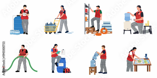 Flat Vector Illustration Set of Humanitarian Aid Workers Providing Clean Water and Managing Supplies for Disaster Relief and Emergency Response Operations.