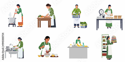 Flat illustration set of diverse Asian women working in a commercial kitchen, engaged in cooking, cleaning, and food preparation tasks.