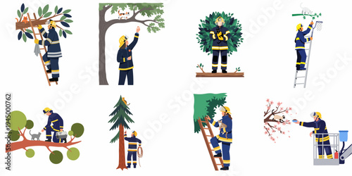 Illustrations of brave firefighters rescuing various cats and kittens from trees in different emergency situations, highlighting animal rescue and community service.