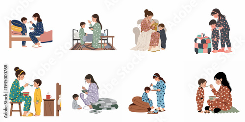 Set of illustrations depicting mothers caring for their sick children, feeding them warm soup and providing comfort in various home settings.