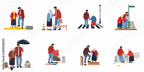 Illustrations of a young man helping an elderly woman navigate various urban obstacles and daily life situations, depicting kindness and social support.