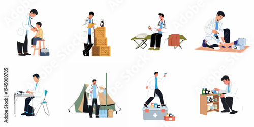 Collection of illustrations showing humanitarian doctors providing medical aid and relief in field clinics, disaster zones, and remote areas.