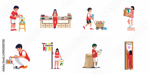 Collection of diverse children participating in various charity and donation activities such as giving money, toys, books, clothes, and food.