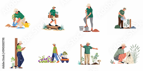Collection of diverse community volunteers engaged in gardening, tree planting, and environmental cleanup activities for a sustainable and green future.