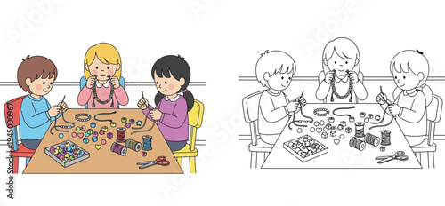 Children Making Handmade Beaded Necklaces and Bracelets Coloring Page and Colorful Illustration Set