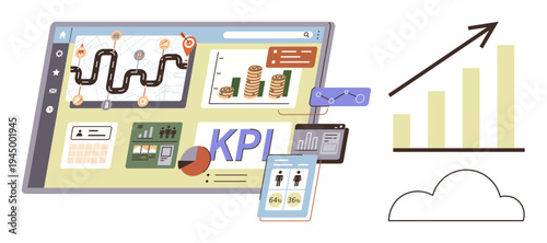 Business strategy, workflow management, financial data, KPI analysis, business growth, cloud computing. Analytical dashboard features metrics, charts and tools. Strategy and workflow management