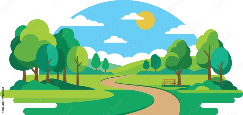Obraz premium Beautiful park with a winding path, lush green trees, rolling hills, and a bright sunny sky