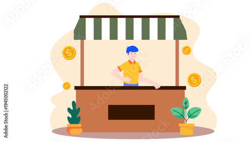 Entrepreneur standing behind a retail stall with money icons