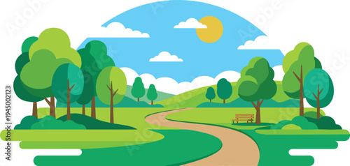 Beautiful park with a winding path, lush green trees, rolling hills, and a bright sunny sky