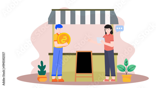 Partners managing a small business stall and digital transactions