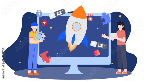 Team collaborating on a digital screen to launch a new project