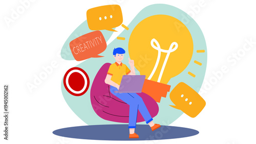 Person working on a laptop surrounded by creative thought bubbles