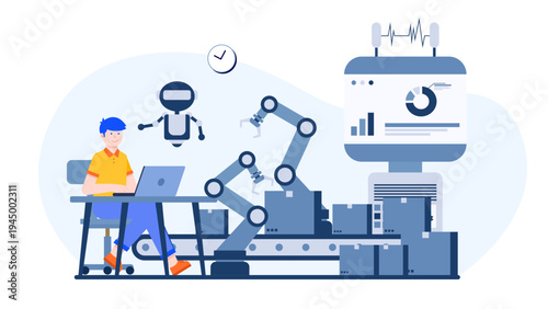Modern industrial automation featuring robotic arms and smart technology in a future manufacturing business environment
