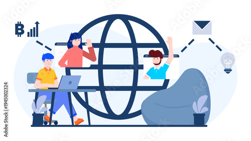 Professionals connecting globally through video calls and digital platforms for international business collaboration