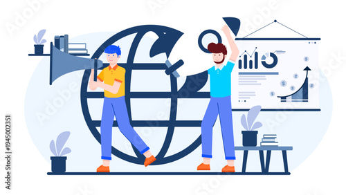 Creative team using megaphones and global strategy for local business marketing and brand promotion